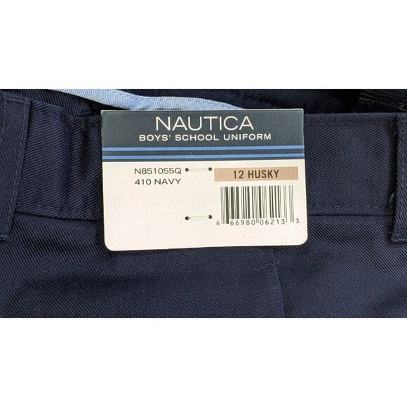 Nautica Boys Size 12 Husky Navy Adjustable Waist Flat Front Straight Pants - Picture 10 of 12